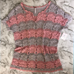 Free People Silk and Linen Open Crochet Stripe Top